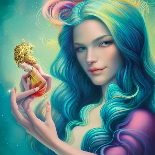 Prompt: woman with flowing iridescent hair, Polaroid candid, by Lisa Frank by Peter Mohrbacher by Artgerm by Ferdinand Knab by Alena Aenami by Dave LaChapelle