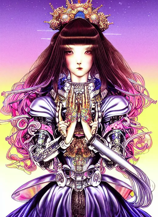 Image similar to highly detailed terada katsuya ayami kojima atrstation manga poster of princess mechine, rainbow gradient reflection, cute face by artgerm, long hair, armor, dress, laces, ruffles, 8 k, maximalist, jump comics