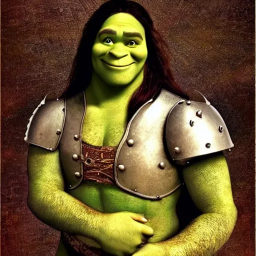 Prompt: shrek from shrek as a glorious devout shining powerful epic amazing awesome very handsome attractive muscular stylish knight in shining golden armor riding donkey, fantasy art, hyper detailed, extremely complex, hyper realistic, similar to the mona lisa, art by leonardo devinci