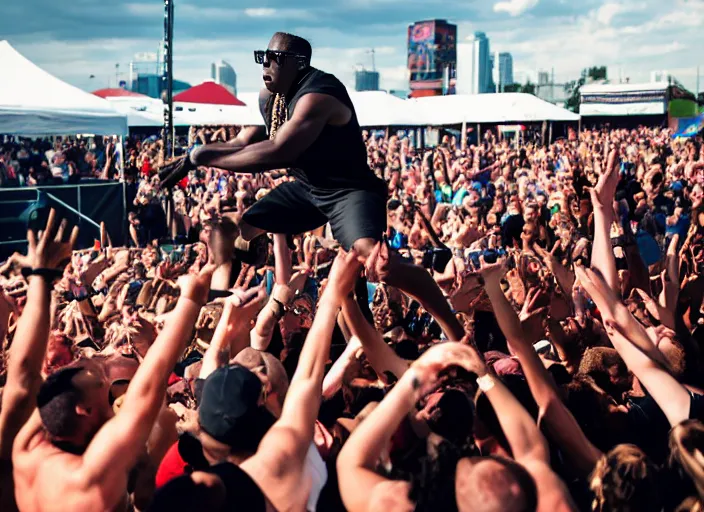 Prompt: photo still of wesley snipes as simon phoenix on stage at vans warped tour!!!!!!!! at age 3 3 years old 3 3 years of age!!!!!!!! stage diving into the crowd, 8 k, 8 5 mm f 1. 8, studio lighting, rim light, right side key light