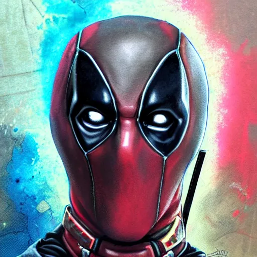 Image similar to dream portrait of Deadpool, cameras, melting ,8k,by tristan eaton,Stanley Artgermm,Tom Bagshaw,Greg Rutkowski,Carne Griffiths, Ayami Kojima, Beksinski, Giger,trending on DeviantArt,face enhance,hyper detailed,minimalist,cybernetic, android, blade runner,full of colour W 1024