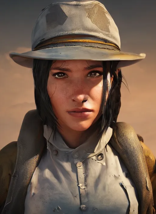 Prompt: A comic book style portrait painting of a female ranger wearing cowboy hat in a post apocalyptic setting, unreal 5, DAZ, hyperrealistic, octane render, RPG portrait, dynamic lighting