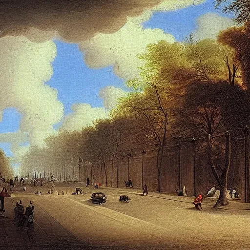 Prompt: 1750 Paris streets getting stormed, in the style of the Hudson River School