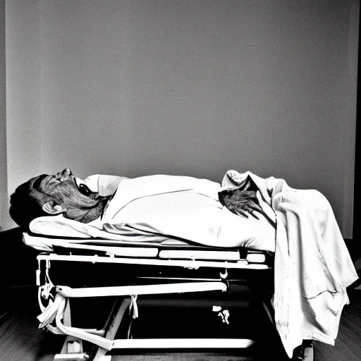 Prompt: hd professional medical photograph of a man lying in a hospital gurney, possessed by a dybbuk. he is screaming and flailing and twisting and spasming