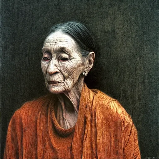 Prompt: portrait of 100 years old girl, painting by Beksinski