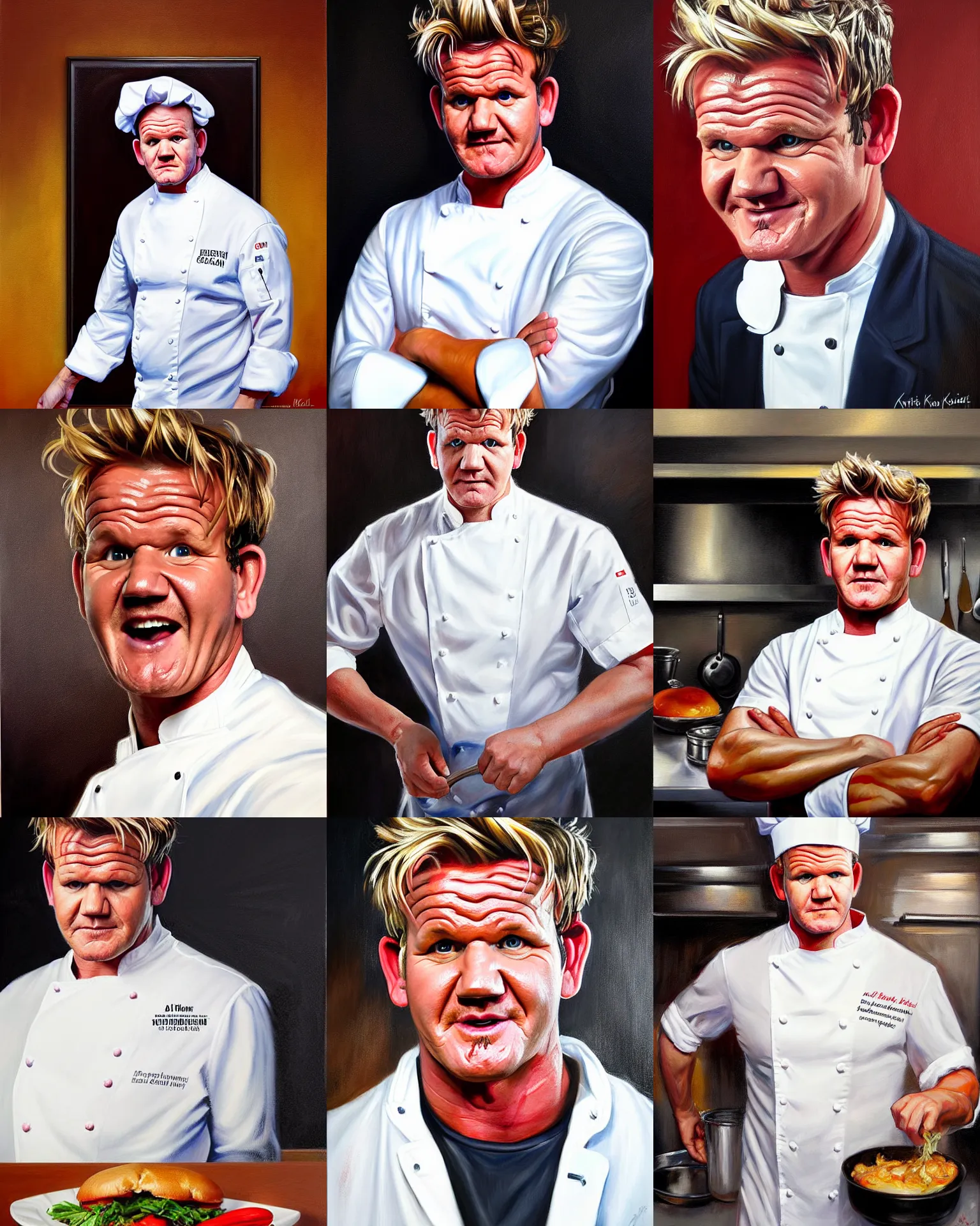 Prompt: a medium full shot portrait painting of gordon ramsay in a chef uniform in a kitchen, a fine art painting by mort kunstler, featured on deviantart, precisionism, oil on canvas, detailed painting, hyper realism