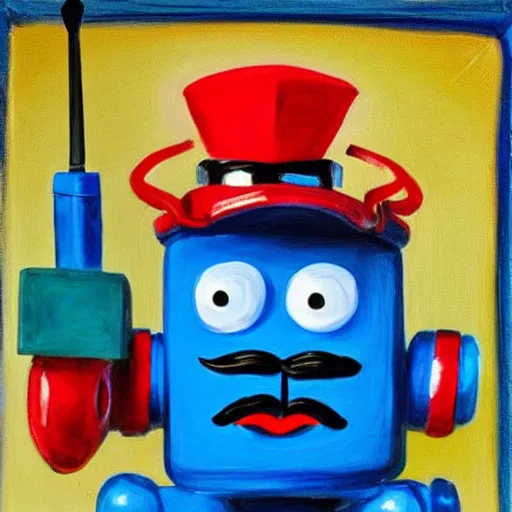 Image similar to Cute blue robot with moustache and red french beret. He is holding a paint brush. photorealism