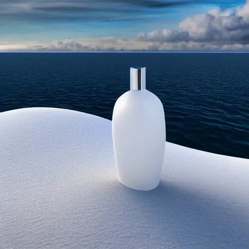 Prompt: perfume bottle on a white zen clean modern minimalist white sand beach with an ocean view, frozen and covered in ice, by peter tarka in an ivory room well contoured smooth fair walls, zaha hadid octane highly render, 4 k, ultra hd,