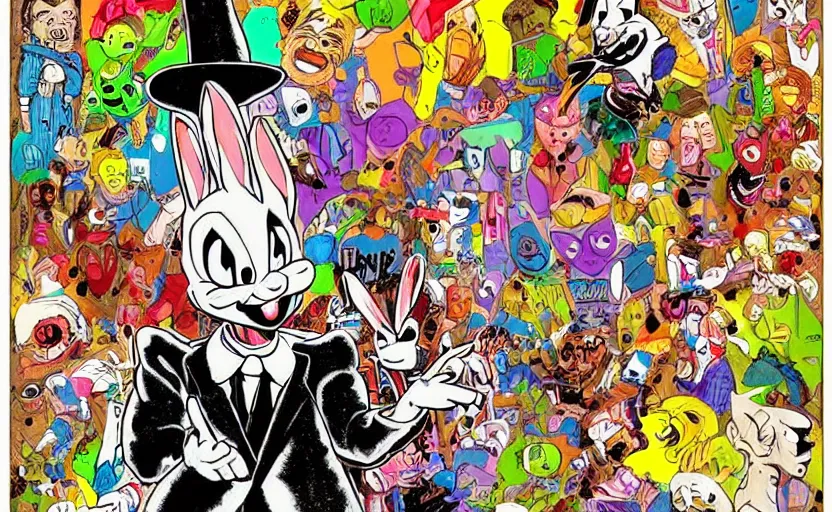 Image similar to Evil Bugs Bunny, Bad Acid Trip, Nightmare fuel, deceptive, conniving, wicked, uncomfortable crooked smile, wide eyed, stiff necked, stranger things by Salvador Dhali