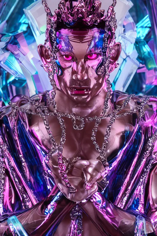 Image similar to hyper detailed ultra sharp fullbody photo of baroque and cyberpunk transparent pink gem sculpture of a muscular seductive muscular italian man feeling muy cachondo, muy dotado, iridescent humanoid deity wearing pink plastic seethrough cloak, holding a rainbow tiger gem, blue diamond, glowing pink face, crown of white diamonds, cinematic lighting, photorealistic, octane render 8 k