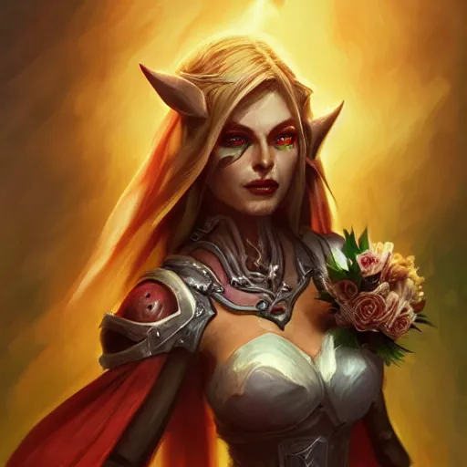 Prompt: hyperrealist portrait of sylvanas windrunner wearing a wedding dress and holding a bouquet of flowers in a burning landscape. by bayard wu, fantasy art, photo realistic, dynamic lighting, trending on artstation, poster, volumetric lighting, very detailed faces, 4 k, award winning