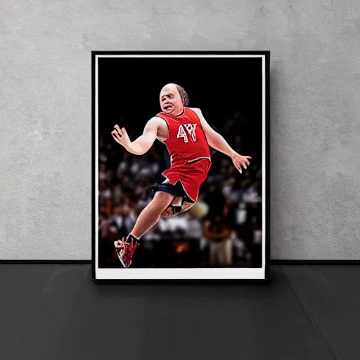 Image similar to Danny Devito dunk poster, 4K ultra realistic, sports photo, award winning photo, high shutter speed, athletic, high resolution photo