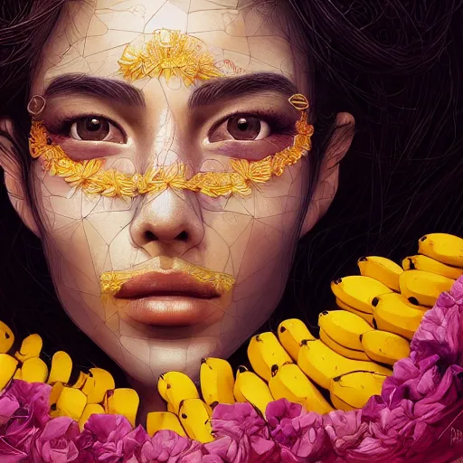 Image similar to the portrait of an absurdly beautiful, graceful, elegant young latina woman made of bananas and petals looking up, an ultrafine detailed illustration by kim jung gi, irakli nadar, intricate linework, bright colors, octopath traveler, final fantasy, angular, unreal engine 5 highly rendered, global illumination, radiant light, detailed and intricate environment