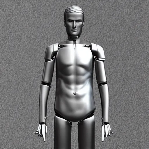 Image similar to “a realistic detailed photo of a guy who is an attractive humanoid who is half robot and half humanoid, who is a male android, David Beckham, shiny skin, posing like a statue, blank stare”