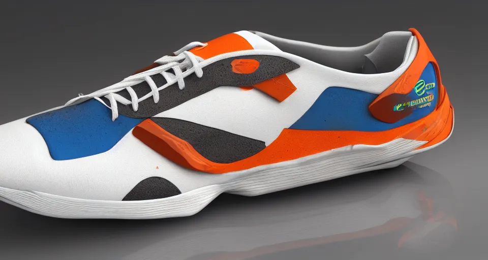 Prompt: concept running shoe in the gulf livery, artstation, octane render, 8 k, high quality, sharp focus.