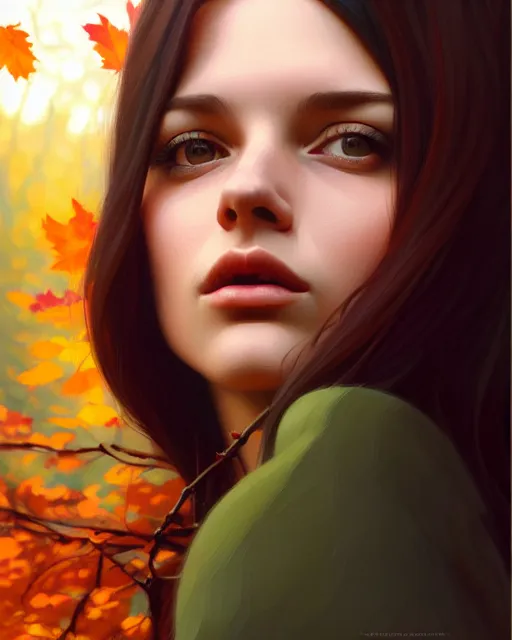 Image similar to stylized portrait of an artistic pose, composition, young lady sorrounded by fall nature, dense forest, moody cinematic colors one single head, realistic shaded, fine details, realistic shaded lighting poster by ilya kuvshinov, magali villeneuve, artgerm, jeremy lipkin and michael garmash and rob rey