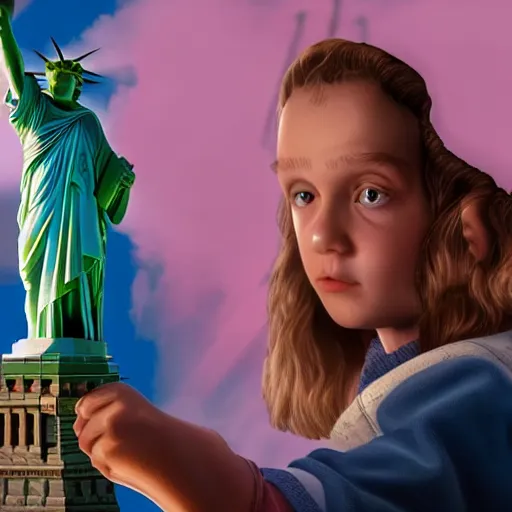 Image similar to Eleven from Stranger Things using her powers on the Statue of Liberty HD hyper detailed photorealistic