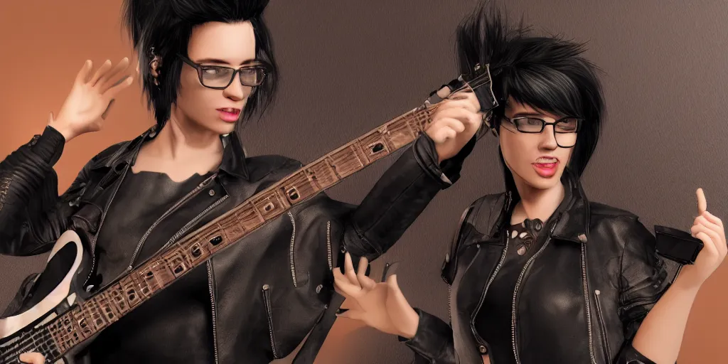 Image similar to woman with black hair and a open leather jacket playing electric guitar, intricate, highly detailed, face enhance, trending on artstation, octane render