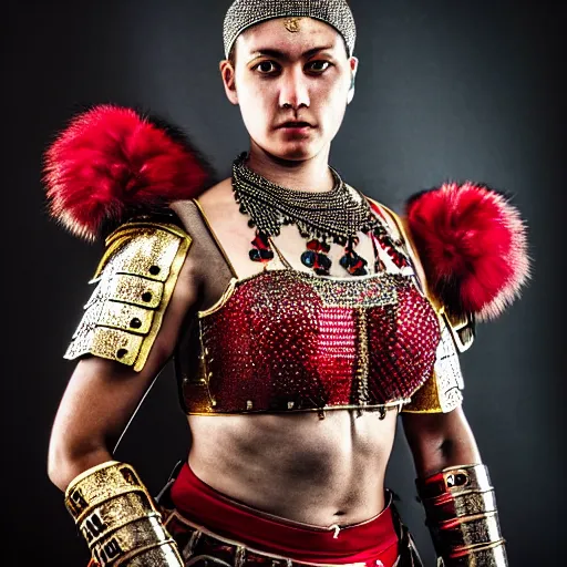 Prompt: photo of a real-life beautiful female warrior with ruby encrusted armour
