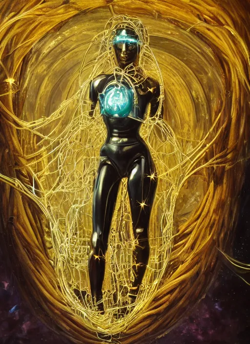 Prompt: oil painting of android woman immersed in the mystical tree, druid goddess, retro futurism, renaissance painting, baroque, golden body, steampunk, golden jewellery, shining crystals, cords and wires, vr googles, filigree, biomechanics, cinematic light, 8 k