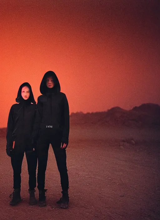 Prompt: cinestill 5 0 d photographic portrait of two loving female androids wearing rugged black techwear on a desolate plain with a red sky in front of a brutalist structure by steve mccurry, extreme closeup, cyberpunk style, dust storm, 8 k, hd, high resolution, 3 5 mm, f / 3 2, ultra realistic faces, ex machina