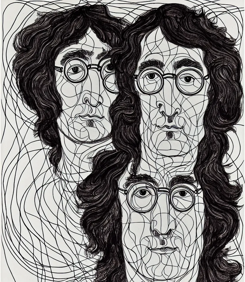 Image similar to elegant intricate line art portrait of john lennon. inspired by egon schiele. contour lines, graphic musicality, twirls, curls, curves, strong confident personality, staring at the viewer