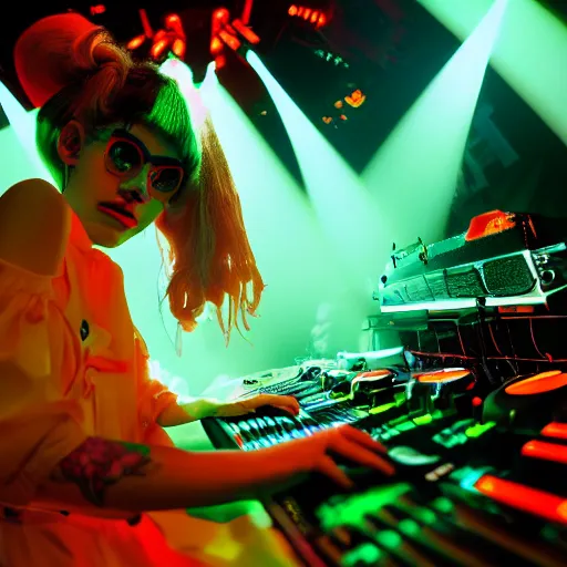 Image similar to Grimes DJing onstage playing with a synthesizer, neon, lambent lighting with vivid and radiant colors, 35mm photography, volumetric lighting, trending on artstation, artstationHD, artstationHQ, 4k, 8k.