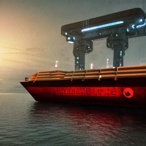 Image similar to photo of Immense industrial futuristic cargo ship arrives at cyber punk city sea port, cinematic lighting, photo