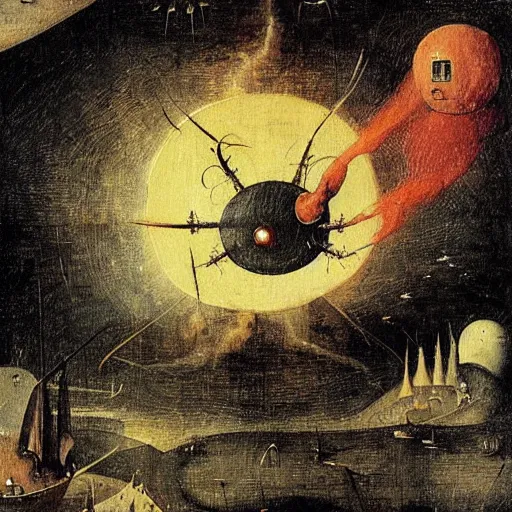 Image similar to A painting of a spaceship burning as it enters Earth's atmosphere, Hieronymus Bosch, sharp, colorful, detailed