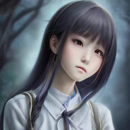 Image similar to ultra-detailed, amazing details, grayish palette, HD semirealistic anime CG concept art digital painting of a Japanese schoolgirl, by a Chinese artist at ArtStation, by Huang Guangjian, Fenghua Zhong, Ruan Jia, Xin Jin and Wei Chang. Realistic artwork of a Chinese videogame, gentle an harmonic colors.