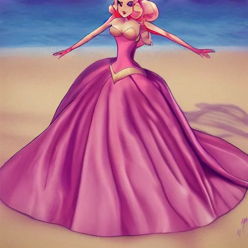 Prompt: beautiful princess peach in a skintight pink satin prom dress on the beach drawn by artgerm