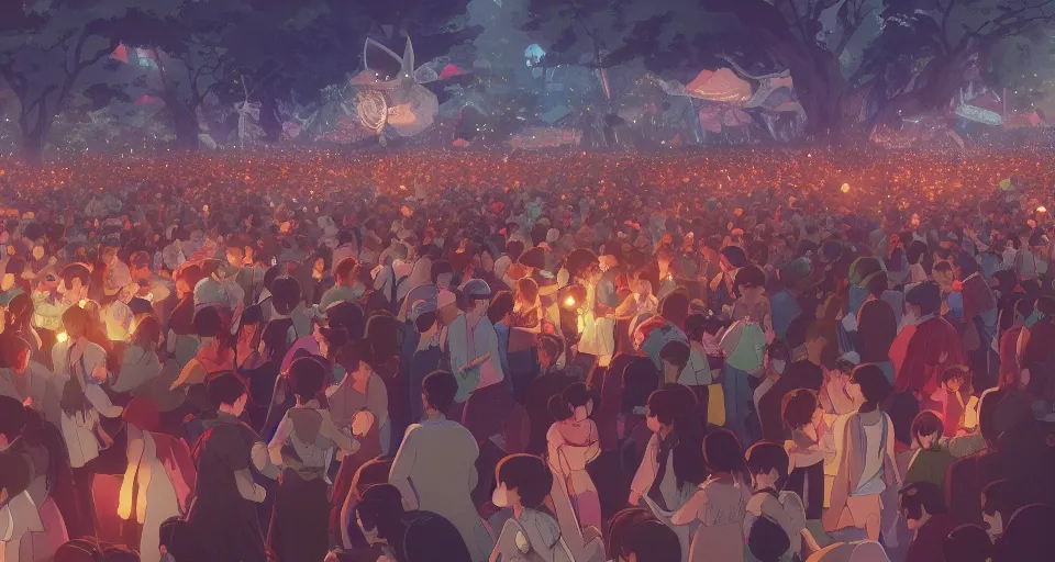 Prompt: a beautiful painting of crowd at an event by studio ghibli, gigantic, octane render, brilliantly coloured, intricate, ultra wide angle, trending on artstation, dusk, volumetric lighting, polished, micro details, ray tracing, 8k