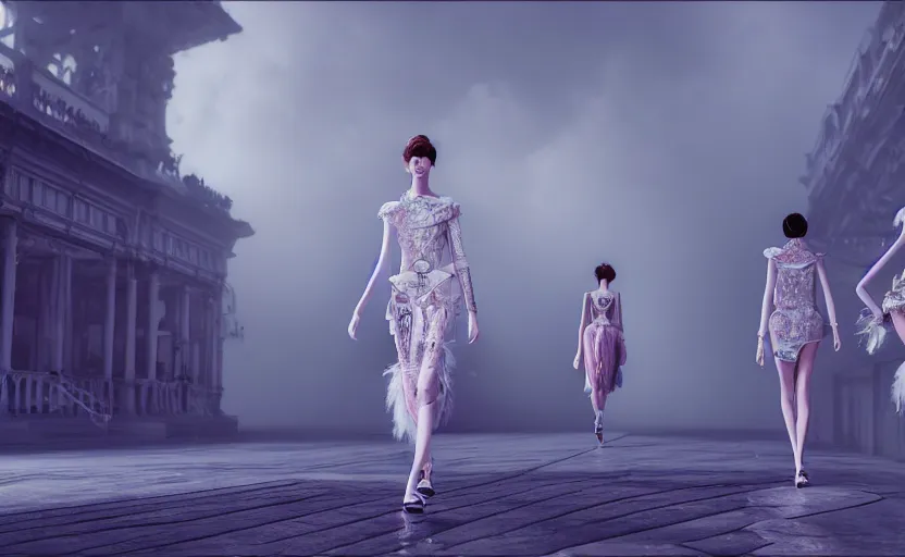 Image similar to Fashion Catwalk!! on a platform in an Angelic Floating City in the Clouds, Fashion Photography, Hyperrealistic, Intricate Details, Raytracing, Volumetric Lighting, Lightshafts, Smooth Gradients, Unreal Engine 5, Photorealism, Concept Art