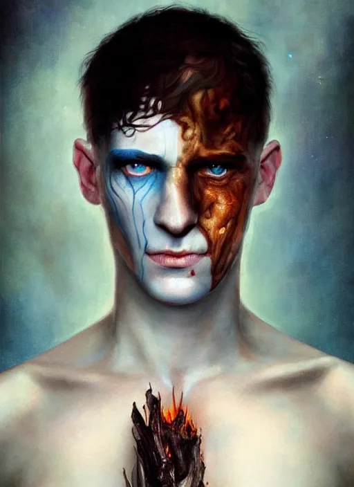 Prompt: a threatening portrait of a burned man with beautiful blue eyes and short brown hair, art by manuel sanjulian and tom bagshaw