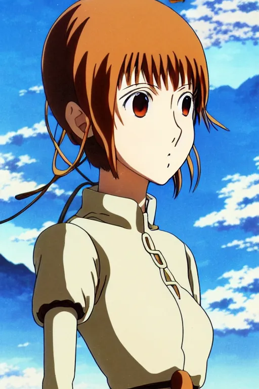 Prompt: anime art full body portrait character nausicaa by hayao miyazaki concept art, anime key visual of elegant young female, short brown hair and large eyes, finely detailed perfect face delicate features directed gaze, valley and mountains background, trending on pixiv fanbox, studio ghibli, extremely high quality artwork by kushart krenz cute sparkling eyes