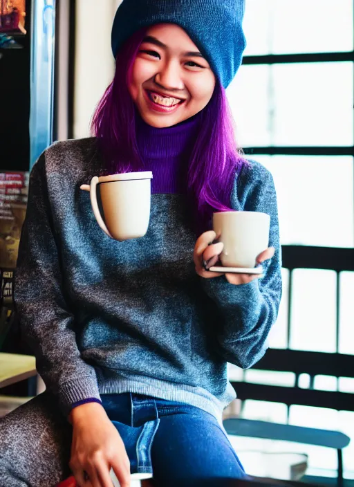 Prompt: young adult asian woman in a coffee shop wearing a beanie and a purple cyberpunk sweater smiling, natural light, magazine photo, 5 0 mm