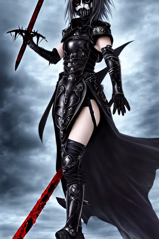 Prompt: full portrait, female vampire knight in black heavy armor, well - protected, metal mask, feet, tall gladiator sandals, barefoot, giant two - handed sword covered in blood, enchanting, mysterious, elegant, smiling, bloodied sharp teeth, good lighting, realistic proportions, reasonable fantasy