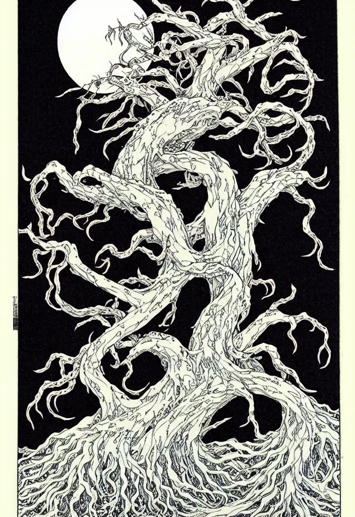 Image similar to prompt: magical white skeleton Bonsai tree squid creature roots merging into big moon drawn by Takato Yamamoto, alchemical objects inspired by 1980's sci-ci, clean ink detailed line drawing, intricate detail, manga 1980