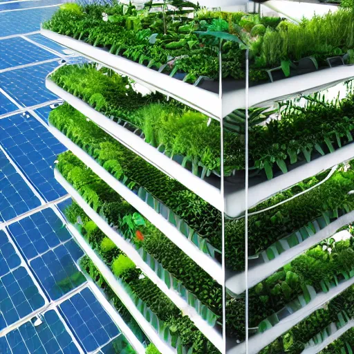 Image similar to future solarpunk city, vertical farming on walls, solar on roof, vegetation everywhere