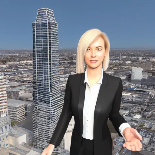 Prompt: 3D render of a woman in a business suit, with short bobbed blonde hair, red eyes, ancient Celtic makeup, standing on a skyscraper rooftop