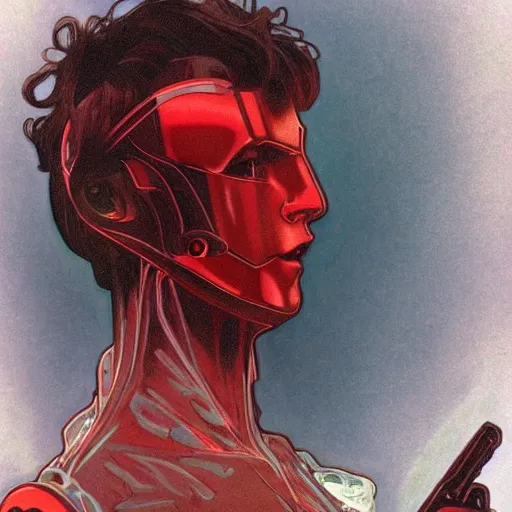 Image similar to handsome beautiful humanoid male robot with wavy dark hair, elegant, red lighting, realistic, concept art, smooth, detailed, alphonse mucha,