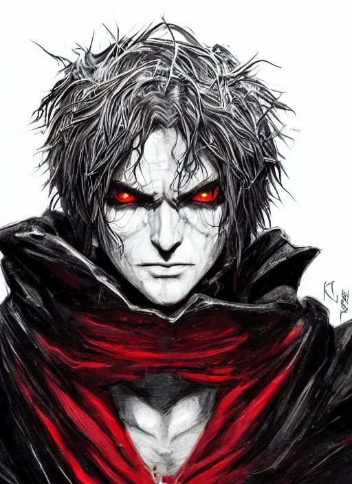 Prompt: close up portrait of a vampire in a dark cloak, black and red color, powerful, domineering, stoic, masterful, intense, ultrafine hyperdetailed illustration by kim jung gi, irakli nadar, intricate linework, sharp focus, octopath traveler, yoji shinkawa, highly rendered, detailed, concept art