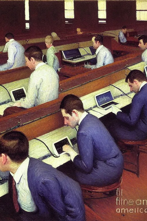 Image similar to oil painting highly detailed computer workers in office painted by gustave caillebotte, impressionism