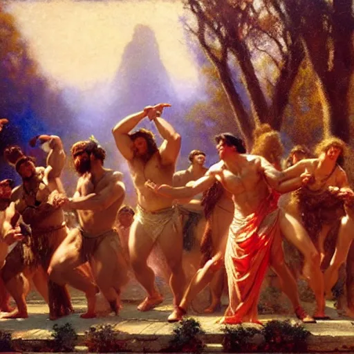 Image similar to hercules performs the ymca dance at a toga party matte painting gaston bussiere, craig mullins, j. c. leyendecker