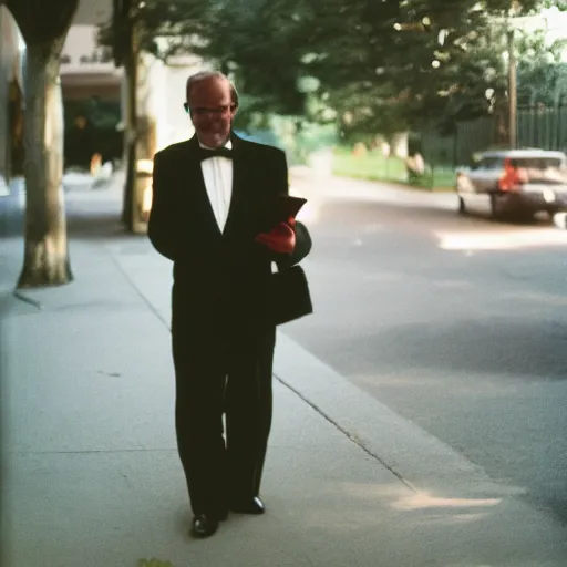 Prompt: the richest person on earth walking on the sidewalk dressed in formal clothes, reading for a party, portra 800