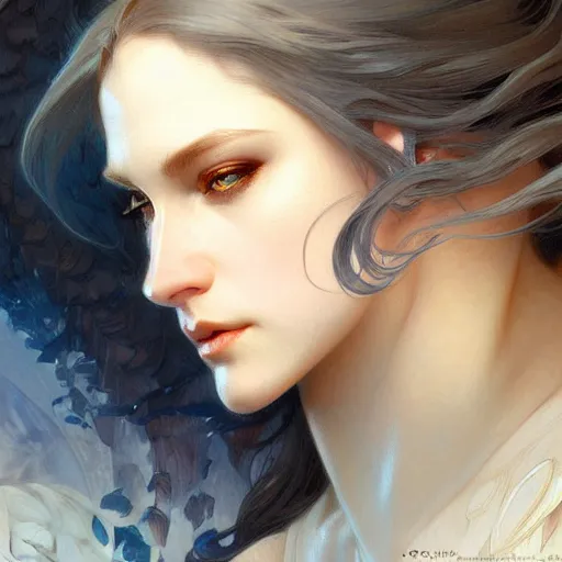 Prompt: Portrait of female fallen angel, D&D, blue eyes, face, fantasy, intricate, elegant, highly detailed, digital painting, artstation, concept art, smooth, sharp focus, illustration, art by artgerm and greg rutkowski and alphonse mucha