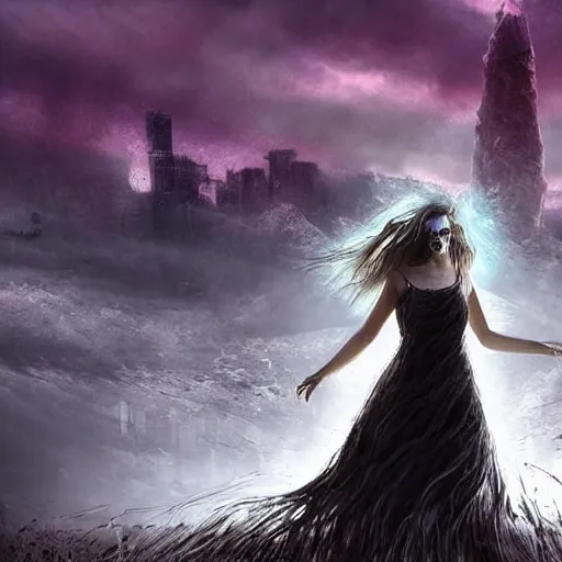 Prompt: The digital art depicts a woman standing in a field of ashes, her dress billowing in the wind. Her hair is wild and her eyes are closed, and she seems to be in a trance-like state. The digital art is dark and atmospheric, and the ashes in the field seem to be almost alive, swirling around. cyberpunk by Klaus Wittmann apocalyptic