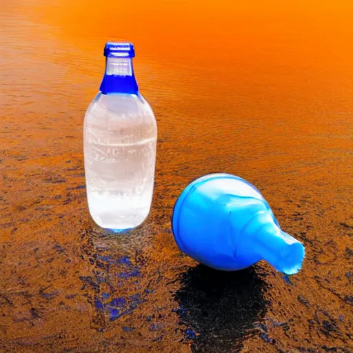 Prompt: bottle of mineral water balancing on its edge on the water surface in the center of the frame, a blue sky with clouds from above, minimalistic and beautiful