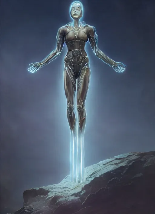 Prompt: biblical female android, glowing veins, in clouds, sunset, big eyes, portrait by wayne barlowe, studio lighting, muted colors, by frank frazetta, extreme detail, reflections, trending on artstation, 8 k