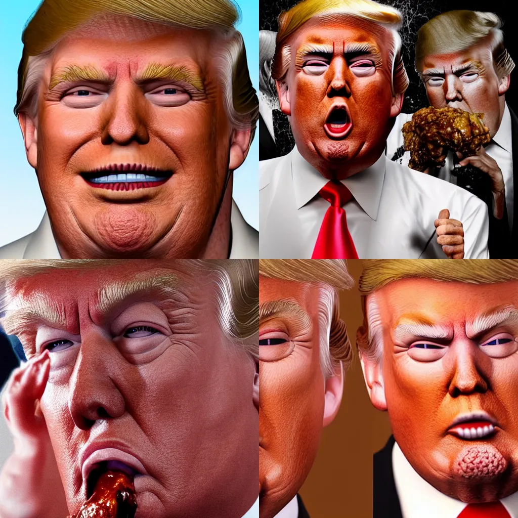 Prompt: Donald Trump with skin like kentucky fried chicken, brown gravy leaking from the corners of his mouth, gross, disgusting, greasy, photorealistic, 8k hyper detailed, high detail, rendering by octane